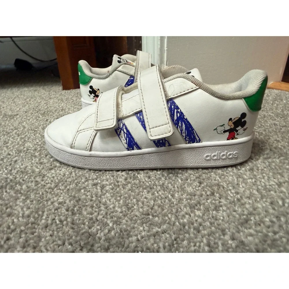 Adidas Grand Court Mickey Mouse Kids Sneakers White Blue Green Size 10K